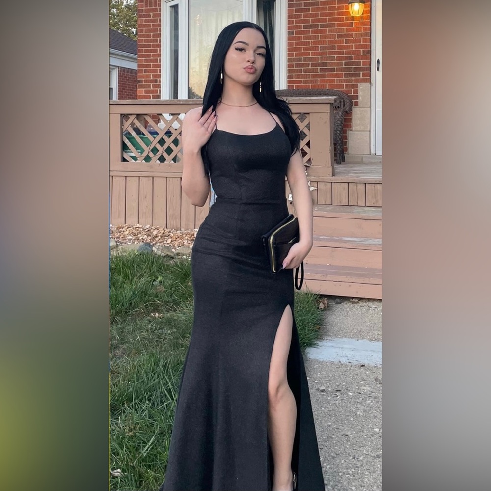 Black gown with split and delicate sparkle